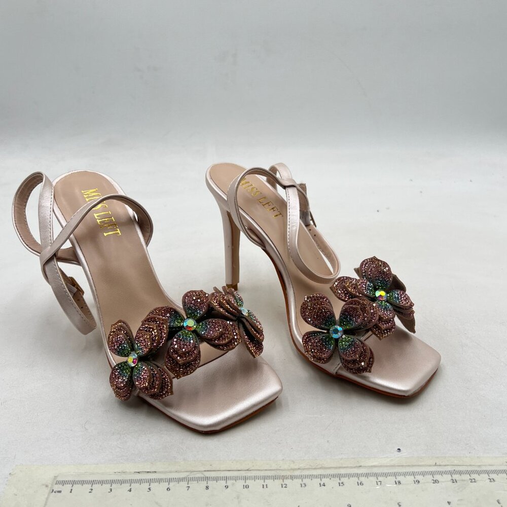 miss left Champagne Rhinestones Stiletto Heel with Strap Buckles Flower Sandals - Picture 4 of 8